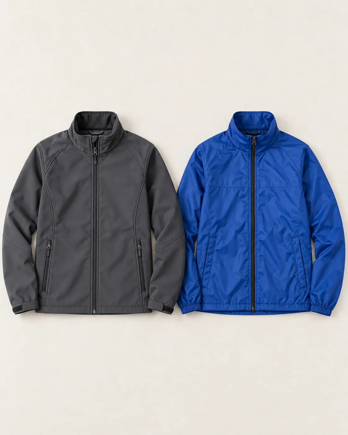 Chumpa softshell gris carbón y rompevientos azul rey extendidos lado a lado