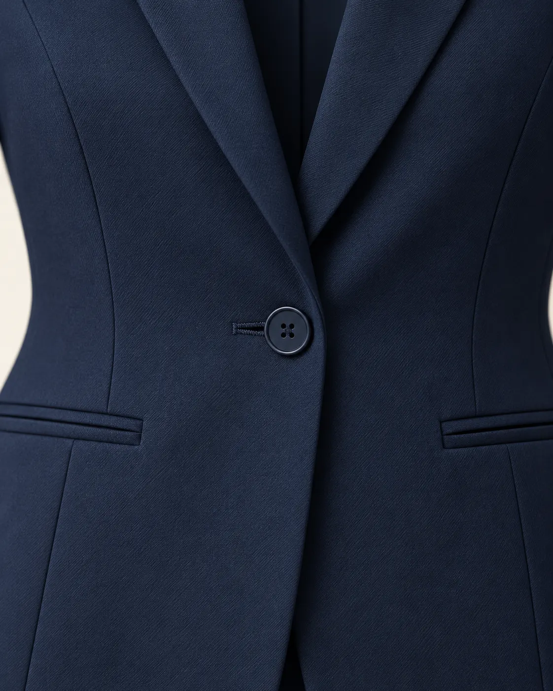 Blazer dama con solapa azul marino, detalle de un botón