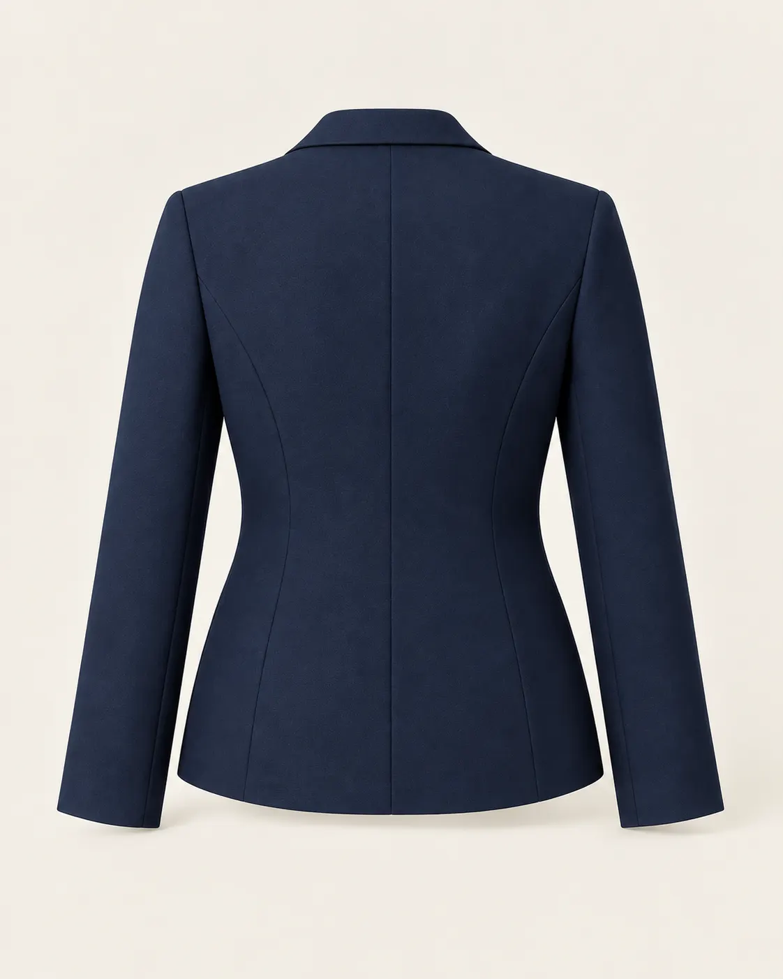 Blazer dama con solapa azul marino, vista de espalda