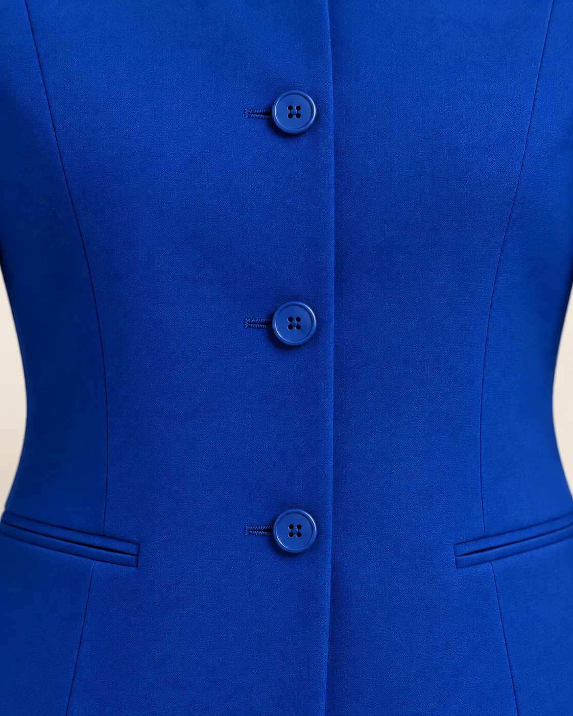 Blazer dama sin solapa azul rey, detalle de botonadura