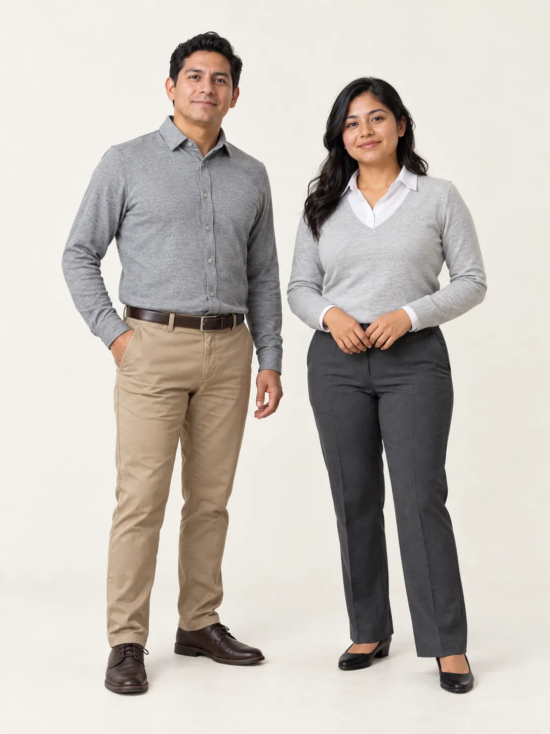 Hombre con camisa de punto gris y pantalón chino caqui junto a una mujer con suéter gris claro de cuello V sobre blusa blanca y pantalón gris carbón