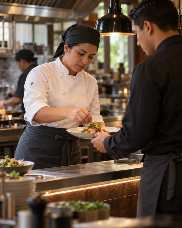 Uniformes para restaurantes: cocinera con filipina y delantal y mesero en el pase de cocina